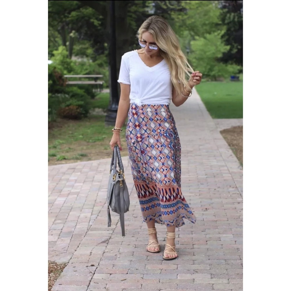 Anthropologie‎ HD In Paris Olympia Silk Midi Skirt Printed Faux Wrap Size Sz 8